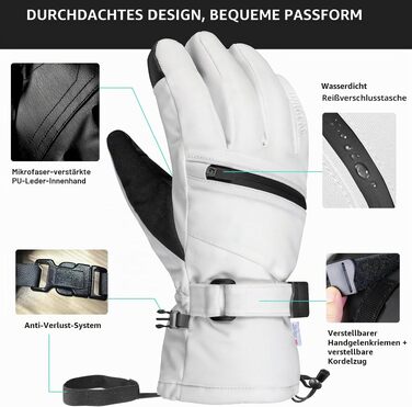 Водонепроникні гірськолижні рукавички Unigear з 3M Thinsulate, сенсорні (Touchscreen), білі, унісекс (для чоловіків та жінок), розмір L