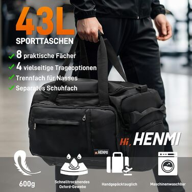 Спортивна сумка Henmi 43L з відділенням для взуття та мокрих речей, чорна. Ідеальна для подорожей, тренувань та фітнесу.