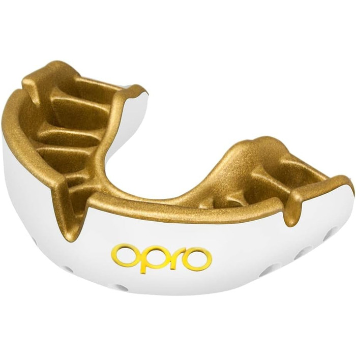 Охоронна капа OPRO Gold для дорослих і дітей, для боксу, MMA, хокею, лакросу та контактних видів спорту, біло-золота, розмір для дорослих (10+), підвищений комфорт