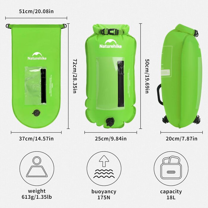 Надувна плавуча точка Naturehike 18L з двома повітряними камерами. Водонепроникний сухий мішок/пляжний мішок з регульованим поясом для плавання та відпочинку на пляжі (зелений, 18л, оновлена версія)