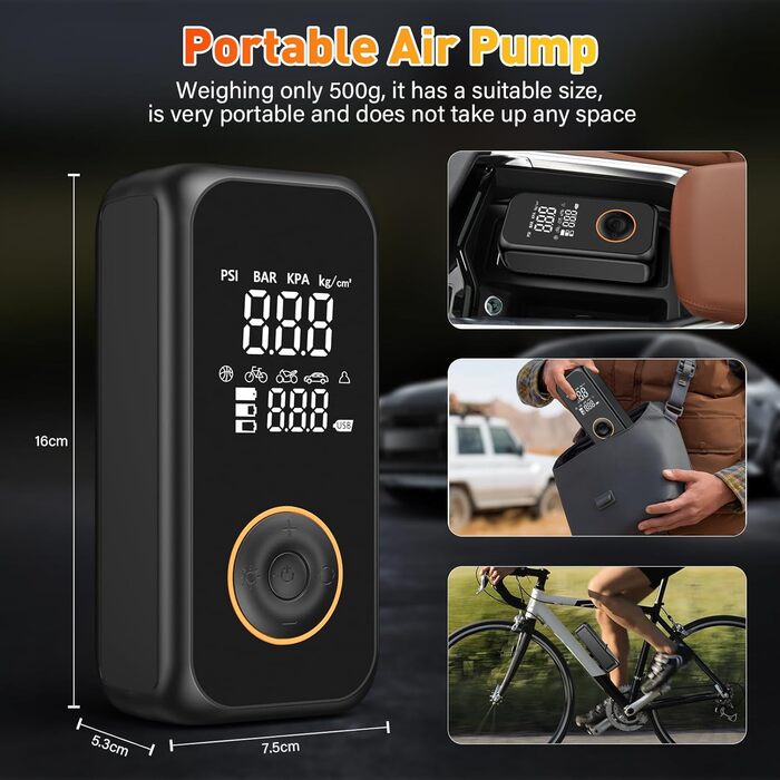 Електричний насос Onherm 6000mAh для велосипеда, авто, мотоцикла, м'ячів, SUP, 150PSI, міні-компресор з дисплеєм, портативний акумуляторний