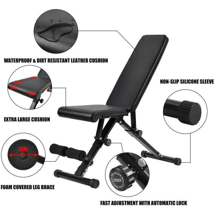 Складана універсальна лавка для жиму Max Strength, регульований кут, м'яке сидіння, для дому та спортзалу, чорна