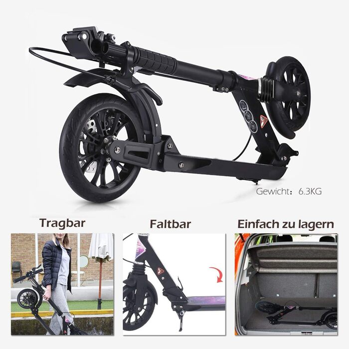 Скутер ISE Roller 200mm з великим колесом, подвійним гальмом та амортизацією. Розкладний міський скутер для дорослих та дітей, регульована висота до 100 кг, з ремінним ременем та ручним гальмом (дизайн 'Зоряне небо')