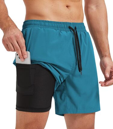 Чоловічі спортивні шорти для бігу 2-в-1, швидка сушка, короткі шорти для бігу, гімнастики, активного відпочинку, марафону, тренувань з кишенею на блискавці (S, Павіно-блакитний)