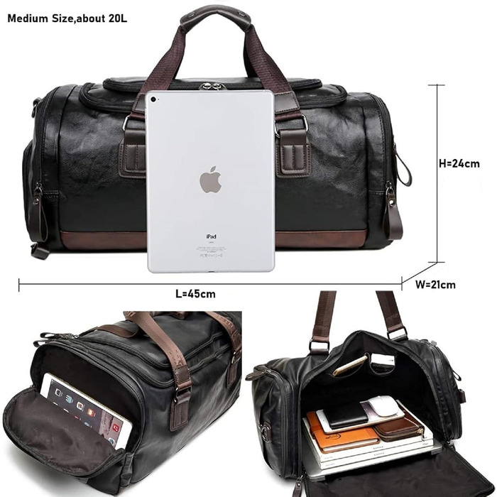 Чоловіча дорожня сумка через плече з PU шкіри, водонепроникна, велика місткість, 20L, чорна