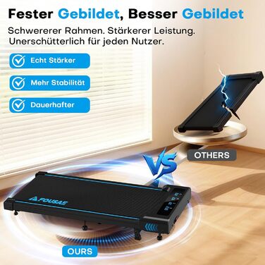 Walking Pad Laufband для дому 4-в-1: біговий стіл з підйомністю 9%, безщітковий двигун 2.5HP, LED-дисплей, пульт дистанційного керування, 12 HIIT-програм, до 150 кг, без встановлення, чорно-синій, з режимом повноекранного відображення