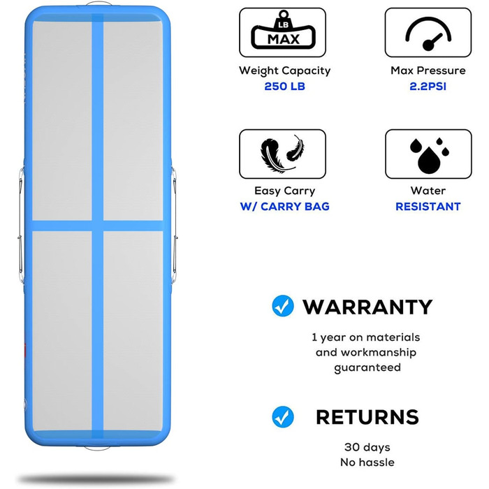Гімнастичний надувний мат для акробатики та тренувань 3/4/5/6 метрів, 20 см заввишки, біло-блакитна. Ідеально для йоги, таekwondo, акробатики.