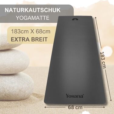 Йога мат Yosana з натурального каучуку | надзвичайно неслизька | поверхня ULTRA GRIP з ECO PU | широка 68 см | з ремінцем для перенесення | мат для йоги 183x68 см | 4 мм товщина | чорний Лев (сірий)
