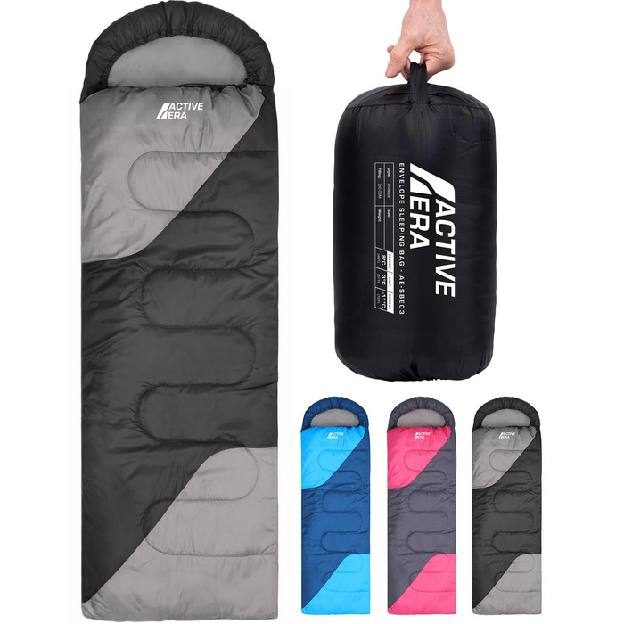 Спальник Active Era Premium Mumienschlafsack 250 GSM: Зимовий та літній, 0°C - 15°C, для кемпінгу, фестивалів, водонепроникний, ультралегкий, чорний