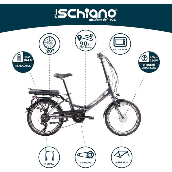 Електровелосипед F.lli Schiano E-Star 20'' складаний, 7-ступеневий, для дорослих, чоловіків і жінок, до 25 км/год, комфортний міський e-bike з мотором