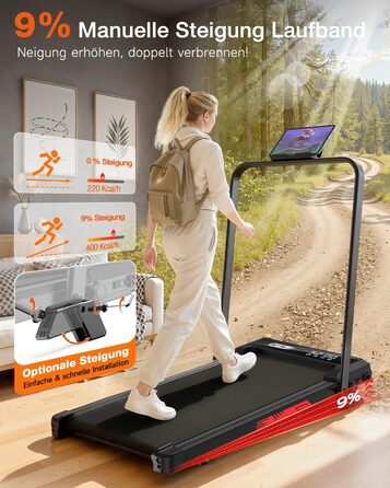 Складане бігове доріжки 4-в-1 з ручним нахилом 9%, тихий електричний біговий тренажер до 10 км/год, безщітковий двигун 3.0 PS, амортизація, LED-дисплей, компактний, для дому та офісу