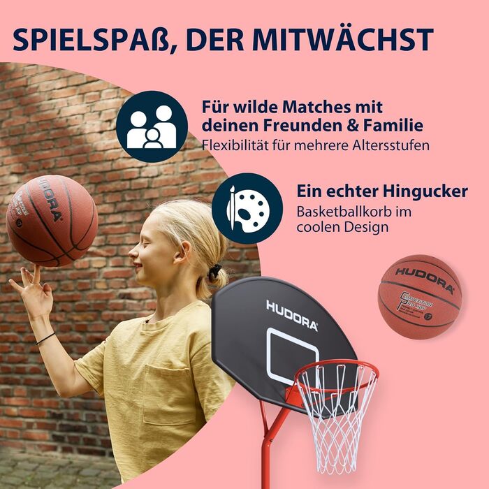Баскетбольний стенд HUDORA Start: регульована висота, мобільний для дітей, підлітків та дорослих, вуличний з колесами 305 см