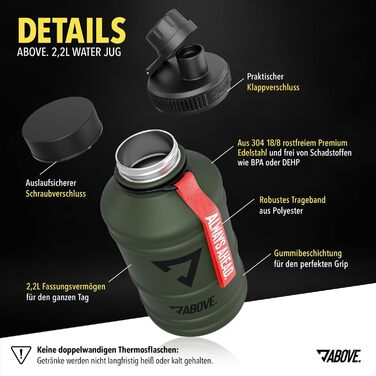Сталева термопляшка ABOVE 2.2 л – BPA-free, без витоку, міцна, з додатковим клапаном для спорту, фітнесу та відпочинку на природі. Якісна подарункова коробка, оливковий колір, 2200 мл