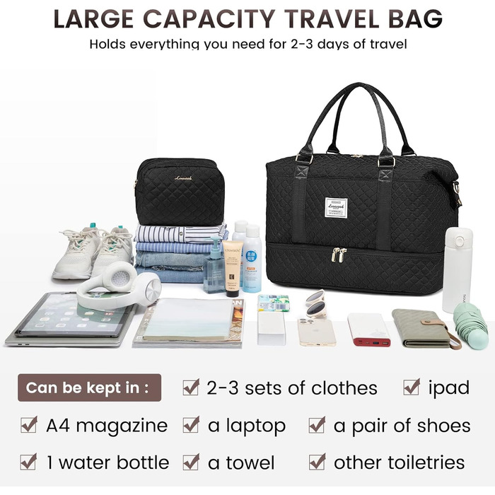 Спортивна сумка LOVEVOOK для жінок з відділенням для взуття та мокрих речей, велика дорожня сумка-вояджер, комплект з косметичкою, водонепроникна, ручна поклажа для літака, спортзал, чорна (M-2pcs)