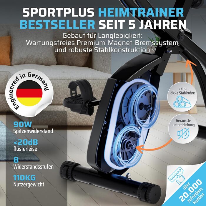Складний велотренажер SportPlus для дому - тихий Hometrainer, компактний Indoor Bike з сумісністю з App