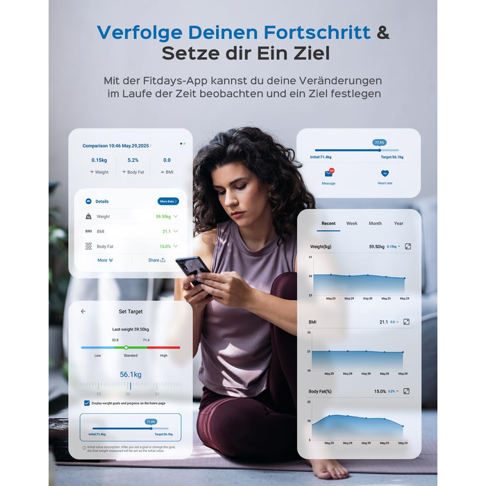 Ваги підлогові цифрові 8-в-1 Bluetooth Personenwaage: аналіз тіла, BMI, відсоток жиру, пульс, iOS/Android, до 180 кг