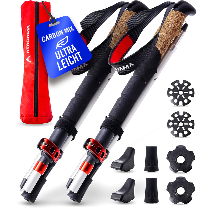 Телескопічні палиці для скандинавської ходьби та трекінгу ATACAMA, карбон та алюміній, з корковими ручками, складні, 270 г