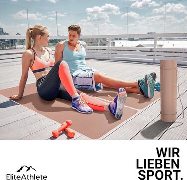 Килимок для йоги EliteAthlete - спортивний, фітнес, гімнастичний з антиковзаючим покриттям. Розмір 183x61x0.6 см. З транспортним ременем та сумкою (Коричневий – Кремовий)