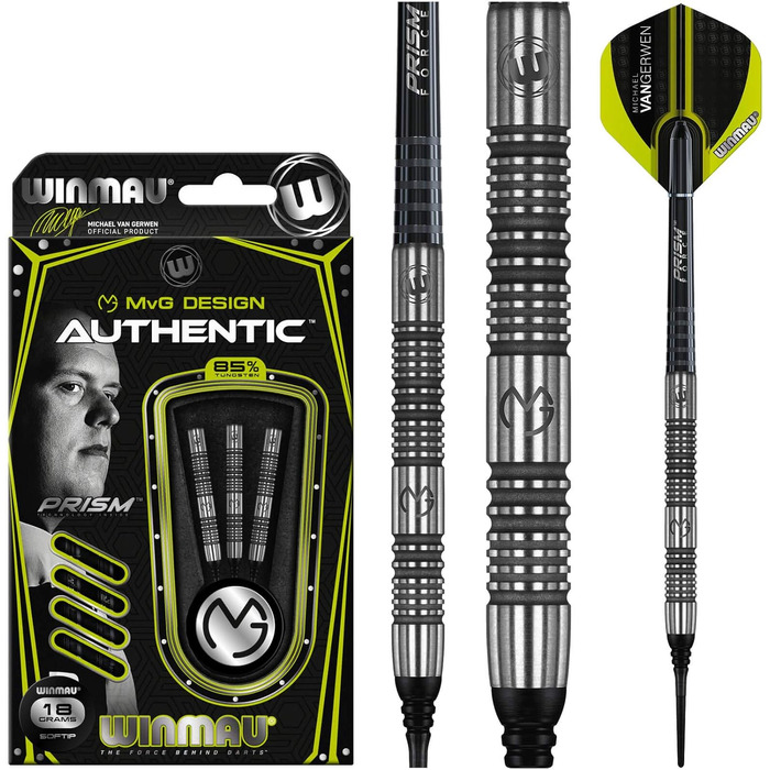 Дартс набір WINMAU Michael Van Gerwen MvG Authentic 22г, професійний, вольфрамовий, Softip, з оперенням і стрижнями