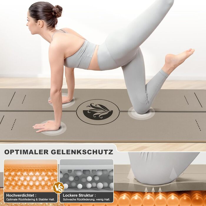 Килимок для йоги та пілатеса з еко-каучуку та TPE, протиковзкий з лініями розмітки, бежевий, 4мм, з ременем для перенесення