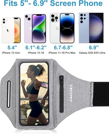 Спортивний браслет для телефону: підставка для бігу, кишенька для навушників, сумісний з iPhone 17/16/15/14/13 Pro Max, Galaxy S25/S24/S23 Ultra (до 6.9 дюймів, світло-сірий)