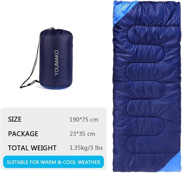 Сплячий мішок для дорослих та дітей – легкий, водонепроникний, зручний для весни, літа, осені – піший туризм, подорожі, кемпінг (королівський синій)