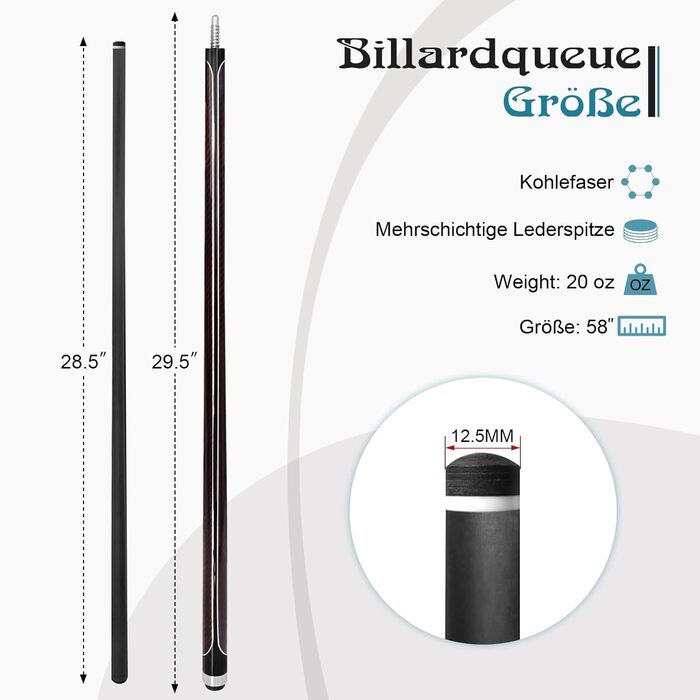 Більярдний кий з карбону, 58 дюймів, наконечник 12.5 мм, 20/21 унцій. Підходить для аматорів та професіоналів