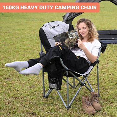 Крісло для кемпінгу KingCamp XXL, 205 кг, чорне, з підлокітниками, регульованою спинкою, кишенею для напоїв та сумкою-холодильником