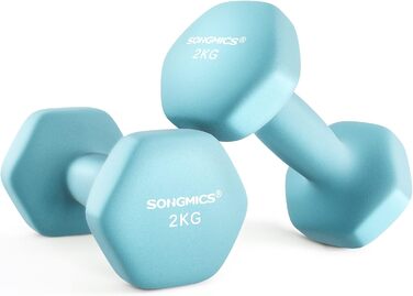 Гантелі SONGMICS 2×2 кг, набір гексагональних гантелей з неопреновим покриттям для фітнесу та силових тренувань вдома, блакитні