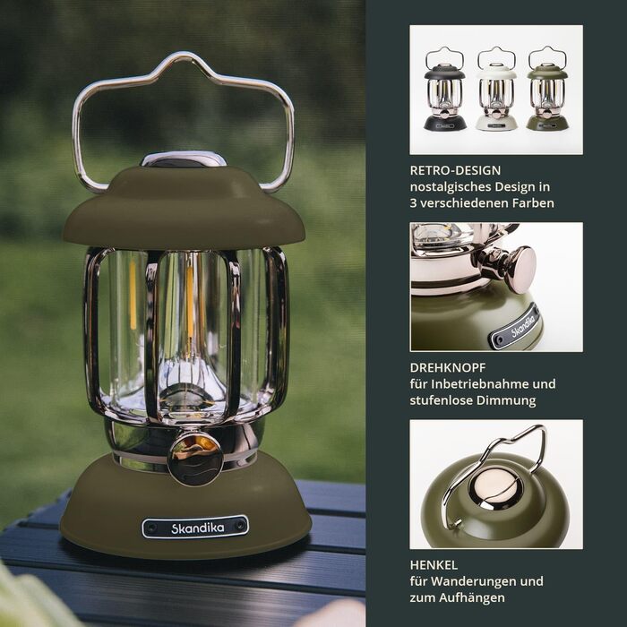 Ліхтар намету Skandika Forsol LED Retro стиль | Акумулятор 4400mAh, регулювання яскравості, для кемпінгу, саду, декору, піших прогулянок, зелений