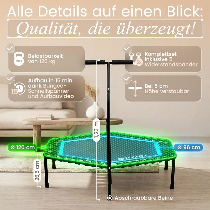 Батут фітнес для дорослих Ø120 см до 150 кг з ручкою та гумовими стрічками | Minitrampolin Rebounder