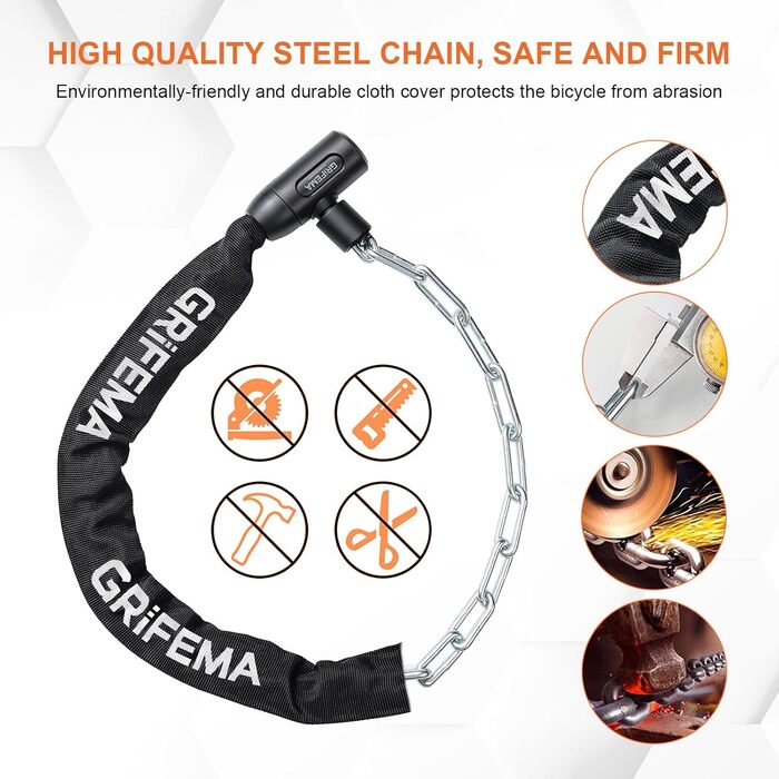 Замок для велосипеда GRIFEMA, висока безпека, ланцюговий, 7 мм x 1200 мм, чорний, з замком-кнопкою