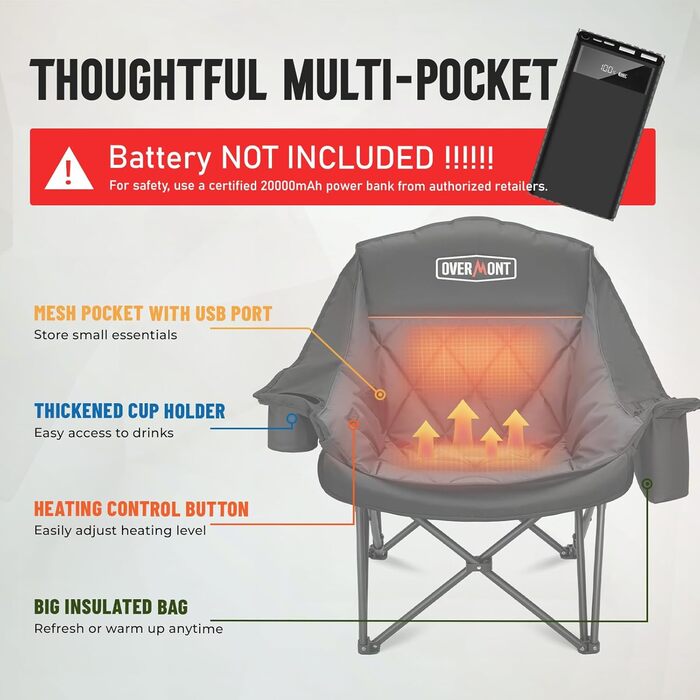 Овермонт: Обігрівальний XL стілець для кемпінгу, дорослий – складаний стілець, ідеальний для зимових походів, кемпінгу та риболовлі (Чорно-сірий)
