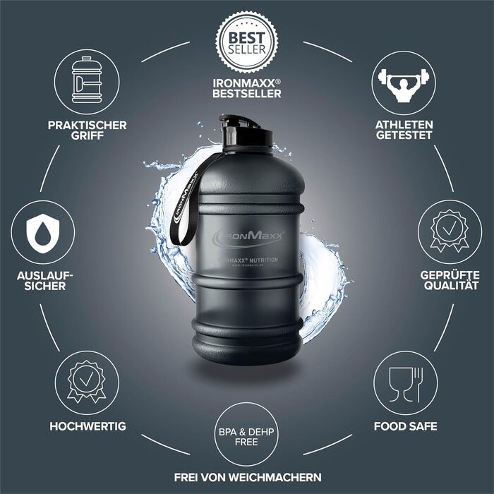 Вода IronMaxx Gallon 2200 мл: пляшка для води без BPA та DEHP з мірною шкалою, різні кольори (Deep Black)