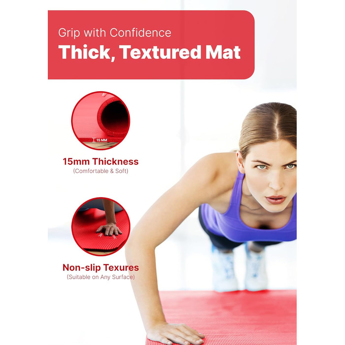 ROMIX Килимок для йоги, 15 мм, з антиковзаючою поверхнею, з сумкою та ременем, для фітнесу, пілатесу, медитації, червоний