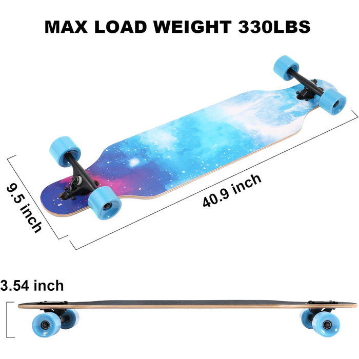 Лонгборд Skateboard 41 дюйм Drop Through, клен 9 шарів, для дорослих та дітей - швидкісні підшипники + T-Tool (Sternenhimmel)