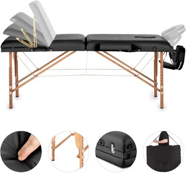 Масажний стіл Klarfit MT 500 з підлокітниками та підголівником, складаний, з регульованою спинкою (10 положень), підставкою для ніг, вирізом для обличчя, товщина наповнювача 10 см, чорний