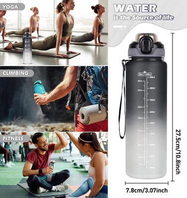 Водна пляшка CodiCile 1л зі трубочкою, спортивна, з маркуванням часу, чорно-сіра