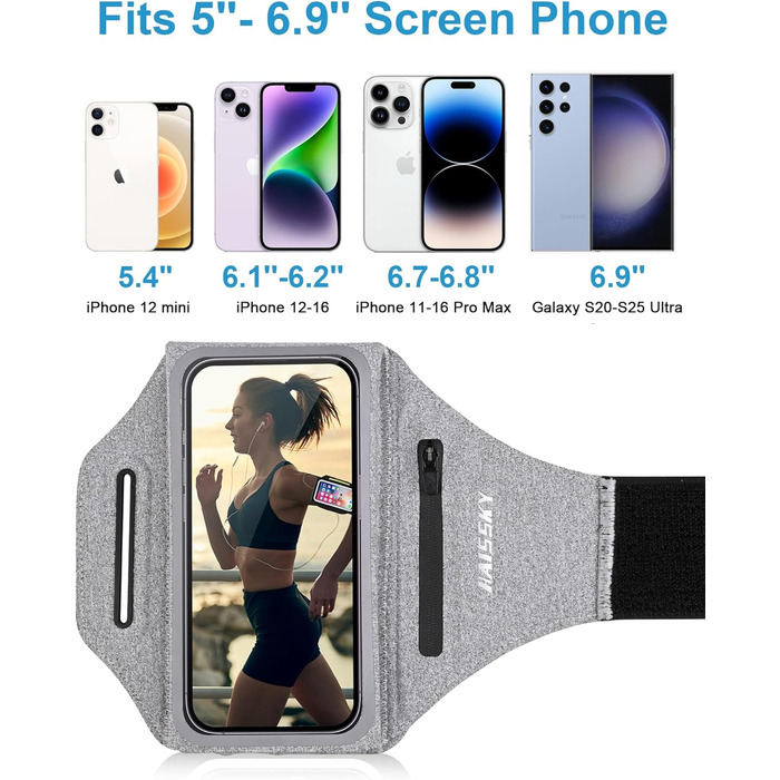 Спортивний браслет для телефону: підставка для бігу, кишенька для навушників, сумісний з iPhone 17/16/15/14/13 Pro Max, Galaxy S25/S24/S23 Ultra (до 6.9 дюймів, світло-сірий)