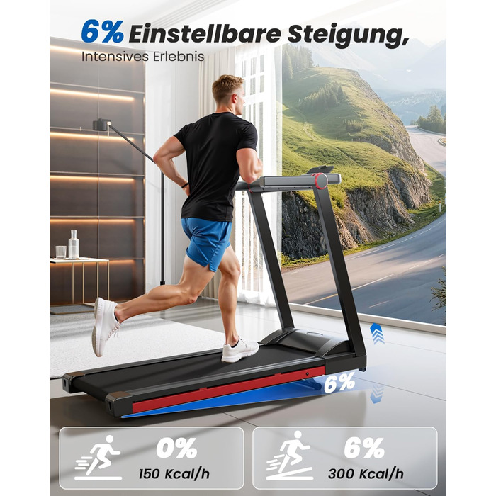 Бігова доріжка для дому 16 км/год, Walking Pad з нахилом 6%, бігове полотно 158 кг, велика площа бігу 112 * 42 см, тихе бігове полотно для дому та офісу, чорно-червоне