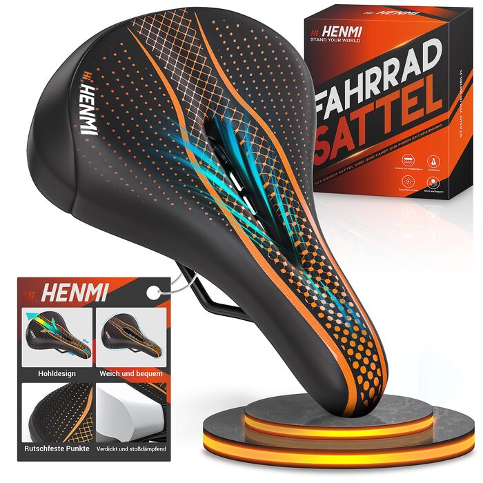 Велосипедне сідло HENMI для чоловіків та жінок: м'яке, комфортне, дихаюче, з амортизацією та ергономічним дизайном. Підходить для гірського, трекінгового та шосейного велосипедів. Гелеве сідло з підвіскою, з візерунком.