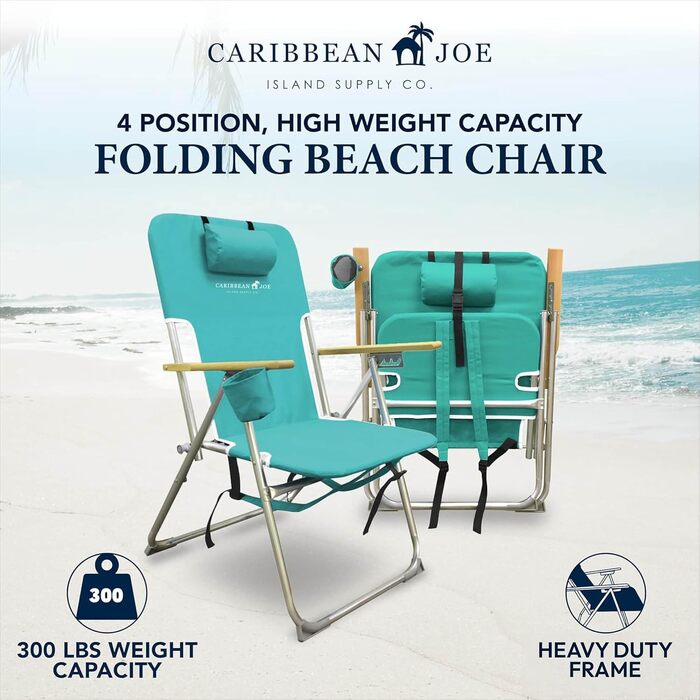 Складаний пляжний стілець-рюкзак CARIBBEAN JOE з підголівником, підстаканником та дерев'яними підлокітниками, 4 позиції нахилу, синій/білий