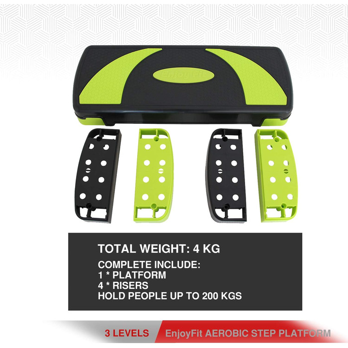 Аеробічний степ-платформа EnjoyFit XL преміум, 3-рівнева висота, 78x30x10/15/20 см, зелено-чорна