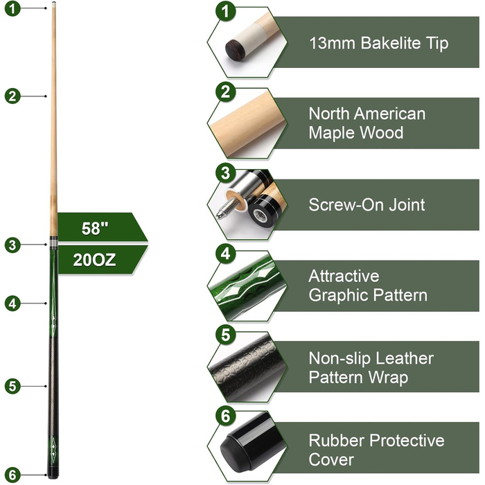 Більярдний кий Pool Queue 58 дюймів з канадського клена, 13 мм наконечники, для професійних гравців, 1/2 кленові кийки, 18oz