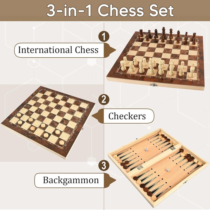 Шаховий набір з дерева 3 в 1: шахи, шашки, настільна гра. Преміум якість, складаний, для дітей та дорослих. Розмір 34 см.