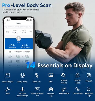 Розумні ваги GE для тіла: аналізатор складу тіла (жир, м'язи, BMI), Bluetooth, 180 кг, великий дисплей