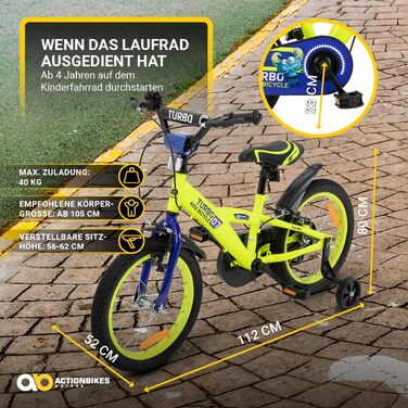 Дитяче велосипед Actionbikes Turbo 12/16 дюймів - V-Brake гальма, захистники, для дівчаток та хлопчиків (2-7 років)