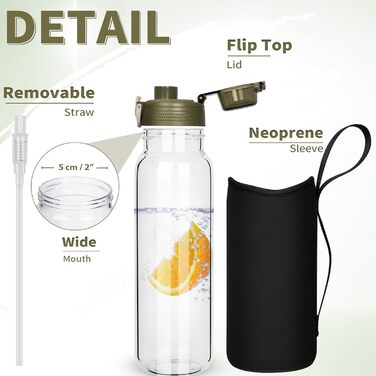 DEARRAY Скляна пляшка для води 0,6 л з трубочкою, герметична, BPA Free, у чохлі, для дітей, школи, спорту, чоловіків та жінок, зелена кришка