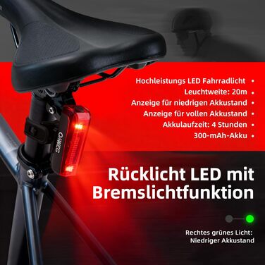 Набір переднього та заднього велоліхтаря з LED, StVZO, USB-C, водонепроникний, 100Lux + гальмівний індикатор, з батареєю