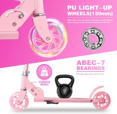 Дитячий ролер Nattork: легкий, складний, з регулюванням висоти, до 50 кг, рожевий